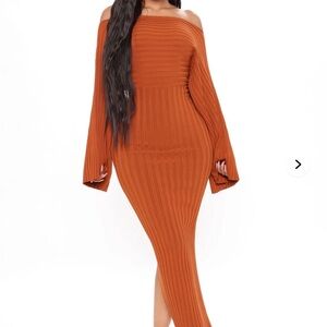 Fashion Nova Rust Off-Shoulder Dress